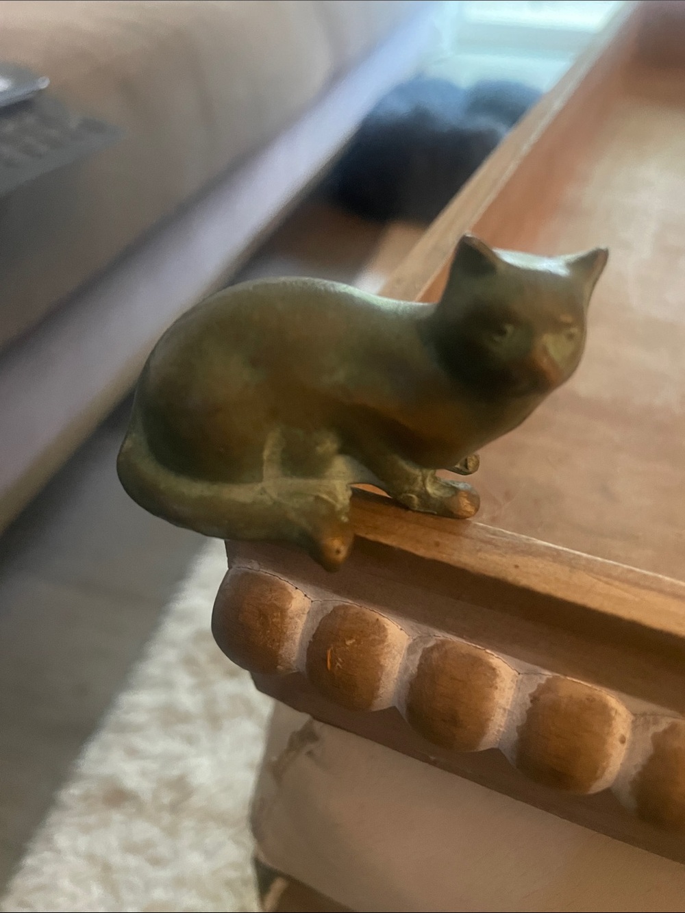 Brass Cat Accent Figurine in Green Patina heavy lovely